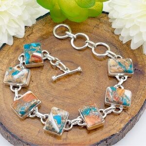 Boho Southwest Spiny Oyster Copper Turquoise Gemstone Bracelet Handmade New 925